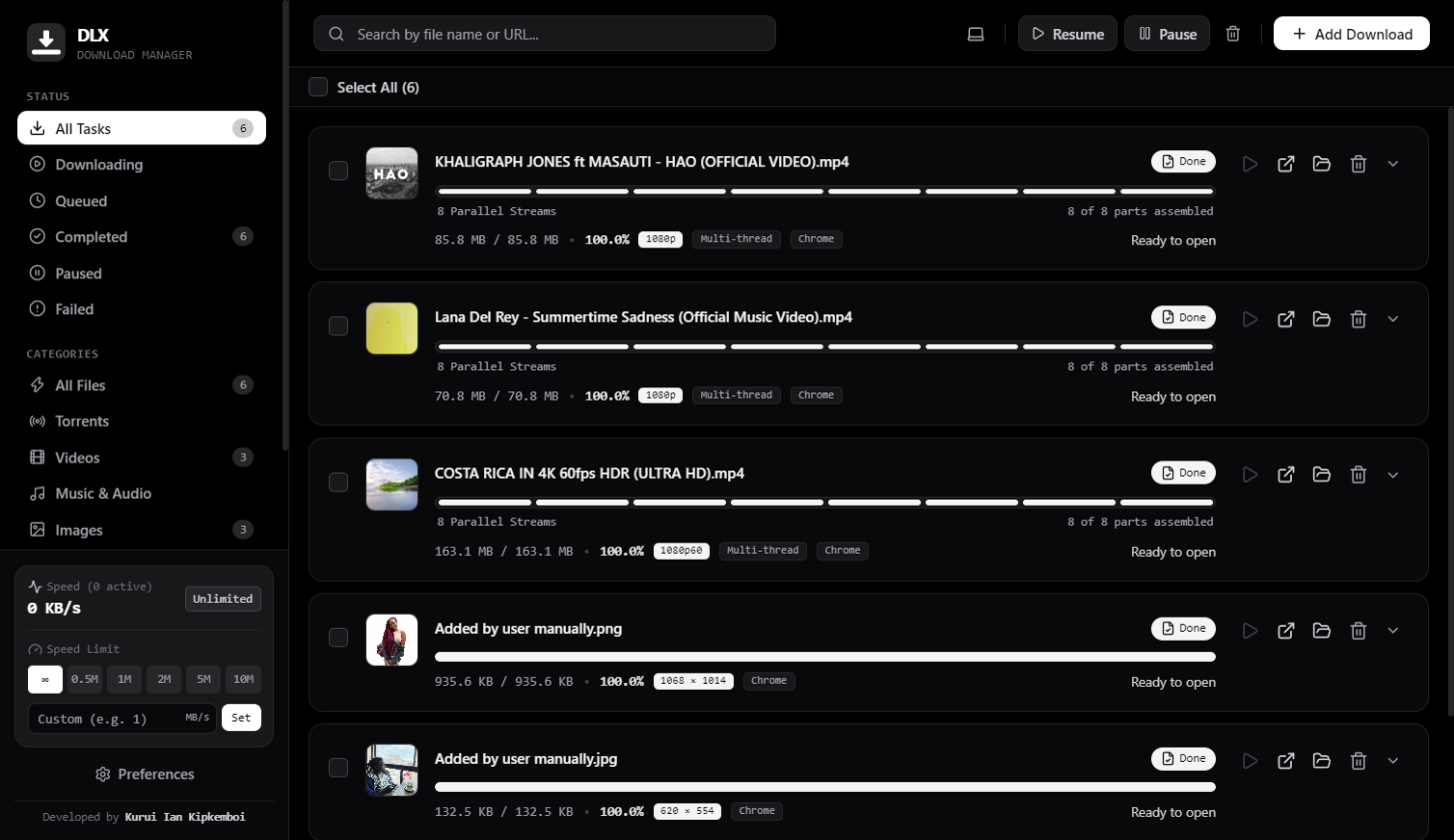 Download-X (DLX) desktop download manager by Kurui Ian Kipkemboi showing 8-stream parallel downloads, file categories, and speed limiter controls